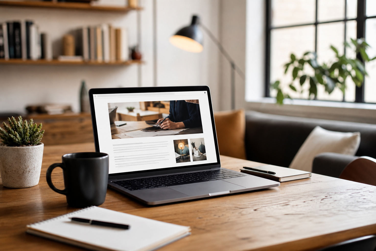 Workspace with laptop, coffee, and notebook for branding insights